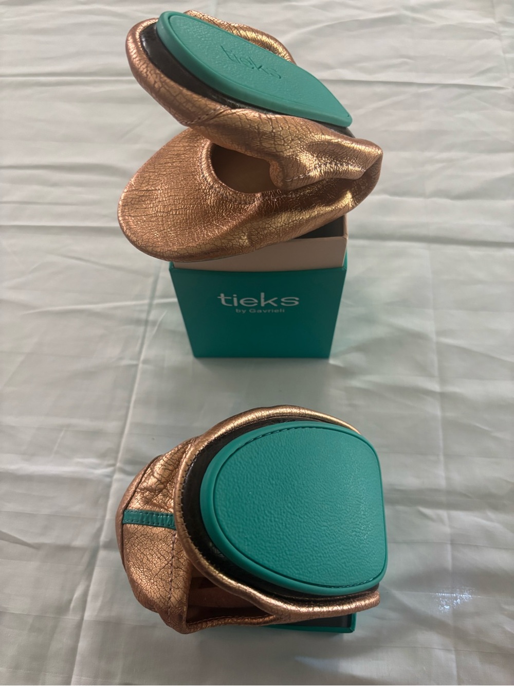 Tieks Metallic Rose Gold Flats with Teal Soles